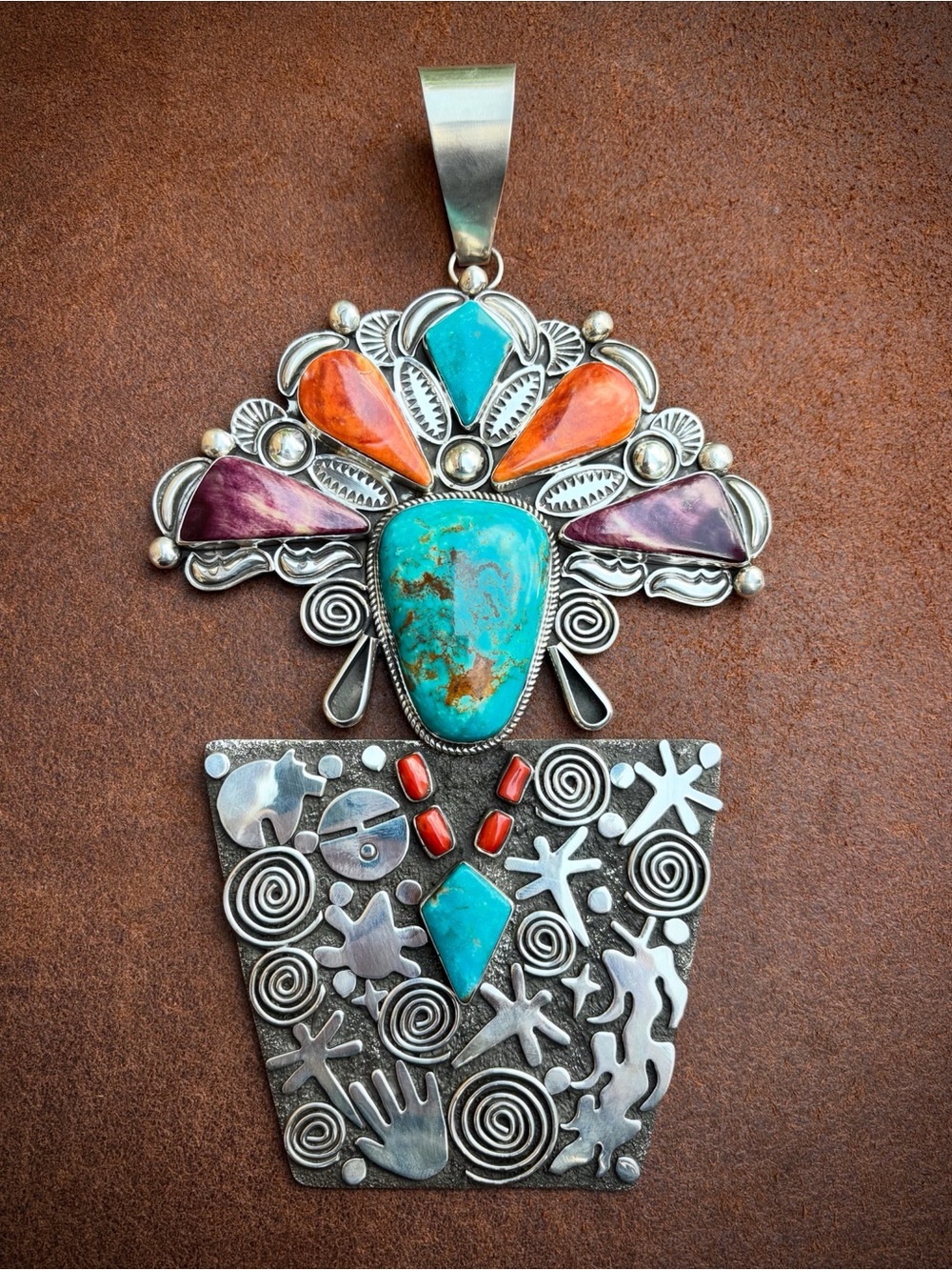 Sterling silver Alex Sanchez jewelry Navajo zuni petroglyph turquoise pendant